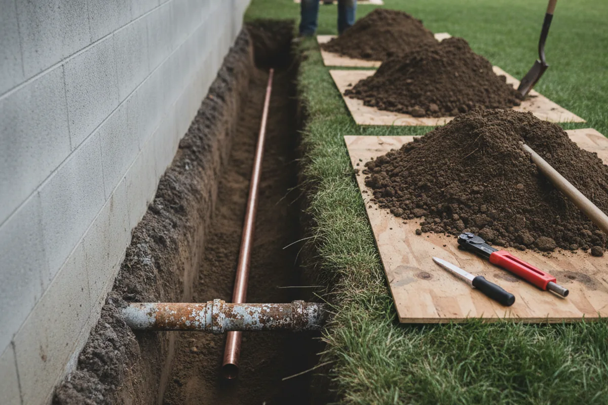 Excavated water line trench during Water Heater Repair in Elizabeth